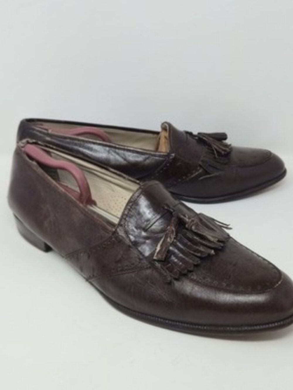 BRASS BOOT Brown Leather Ostrich Print Kiltie Tassel Loafers Sz 12 Made In Spain